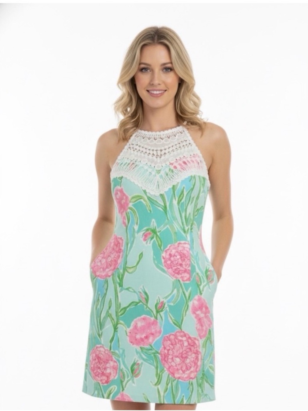 Lilly Pulitzer Mint & Pink Floral Halter Dress